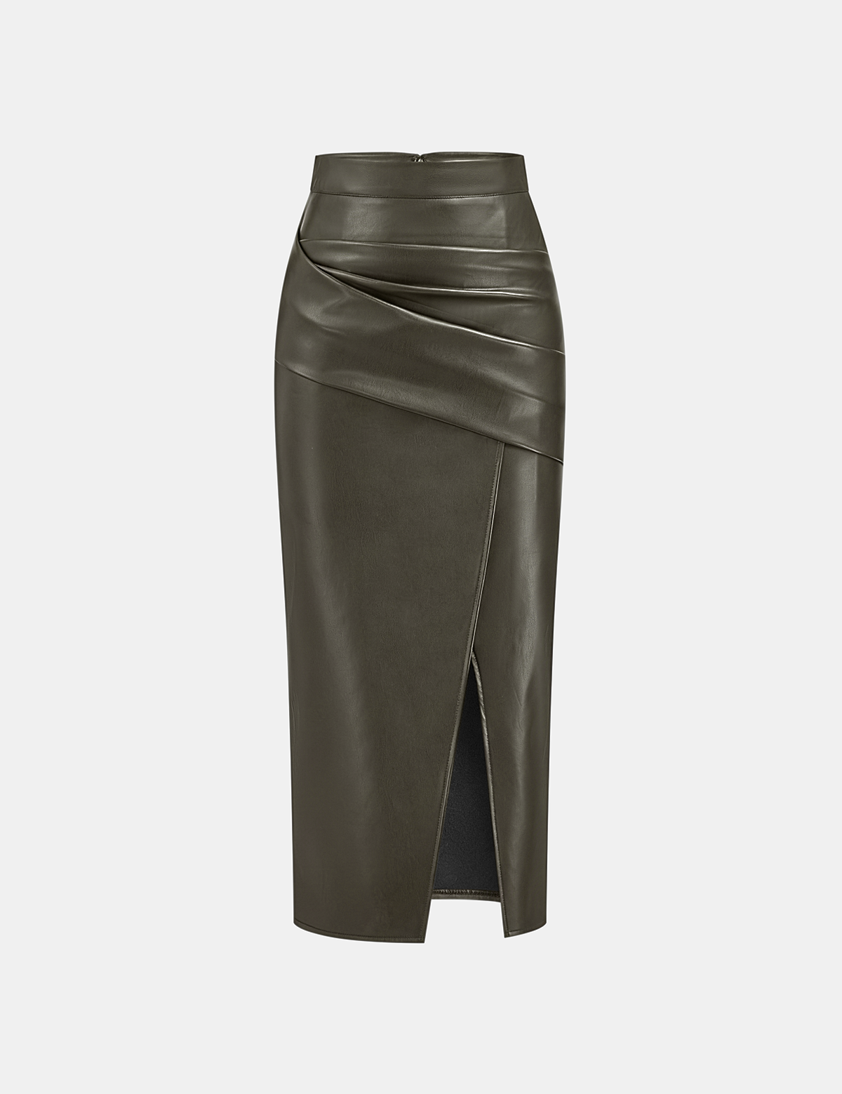 Ruched Slit PU Leather Midi Skirt