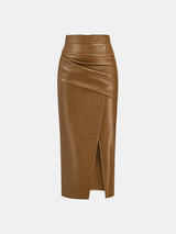 Ruched Slit PU Leather Midi Skirt