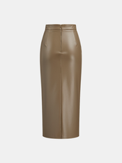 Ruched Slit PU Leather Midi Skirt