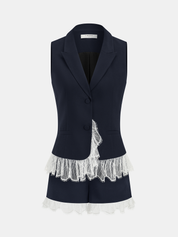 Lace Trim Blazer Vest & Shorts Set