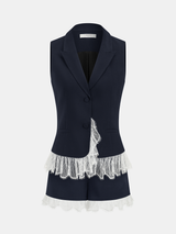 Lace Trim Blazer Vest & Shorts Set
