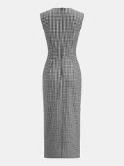 Gingham Sleeveless Cotton Ruched Split Maxi Dress