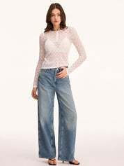 Sheer Openwork Knit Long Sleeve Henley Top
