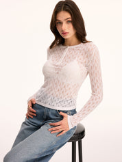 Sheer Openwork Knit Long Sleeve Henley Top