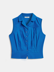 Cotton Sleeveless Pleated Button-Down Vest