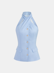 Tencel Blend Halter Buttoned Vest & Shorts Set