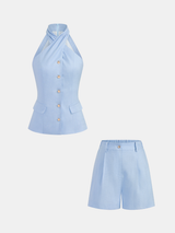 Tencel Blend Halter Buttoned Vest & Shorts Set