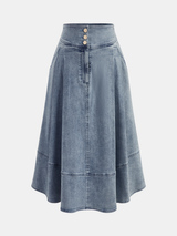 High Waisted Buttoned Flared Denim Skirt