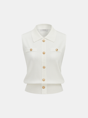 Metal Button Collared Sleeveless Knit Top
