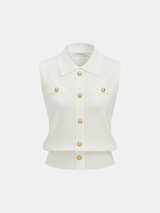 Metal Button Collared Sleeveless Knit Top