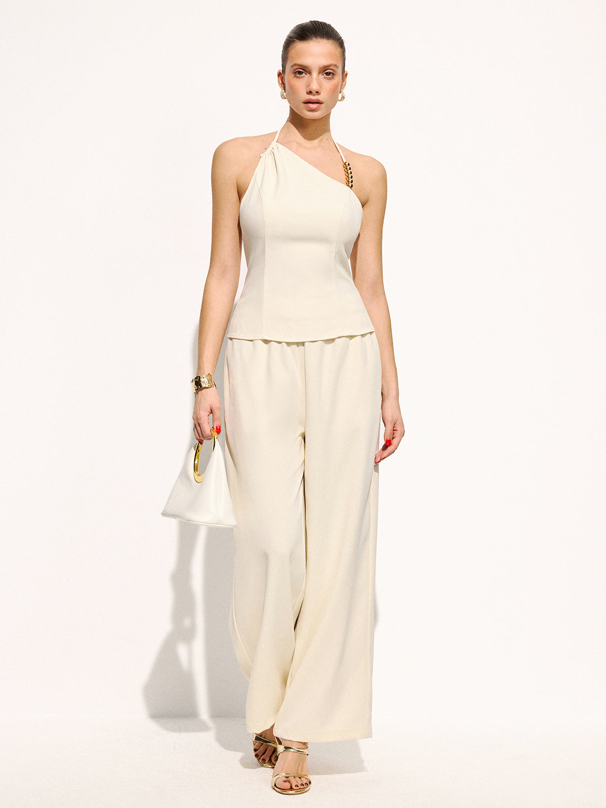 Bead Detail Asymmetric Halter Top & Pants Set