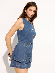 Large Button Sleeveless Denim Top & Shorts Set