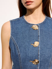 Large Button Sleeveless Denim Top & Shorts Set