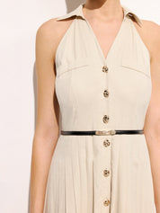 Linen Blend Belted Collared Pleated Maxi Dress