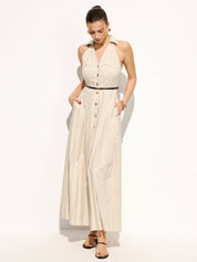Linen Blend Belted Collared Pleated Maxi Dress