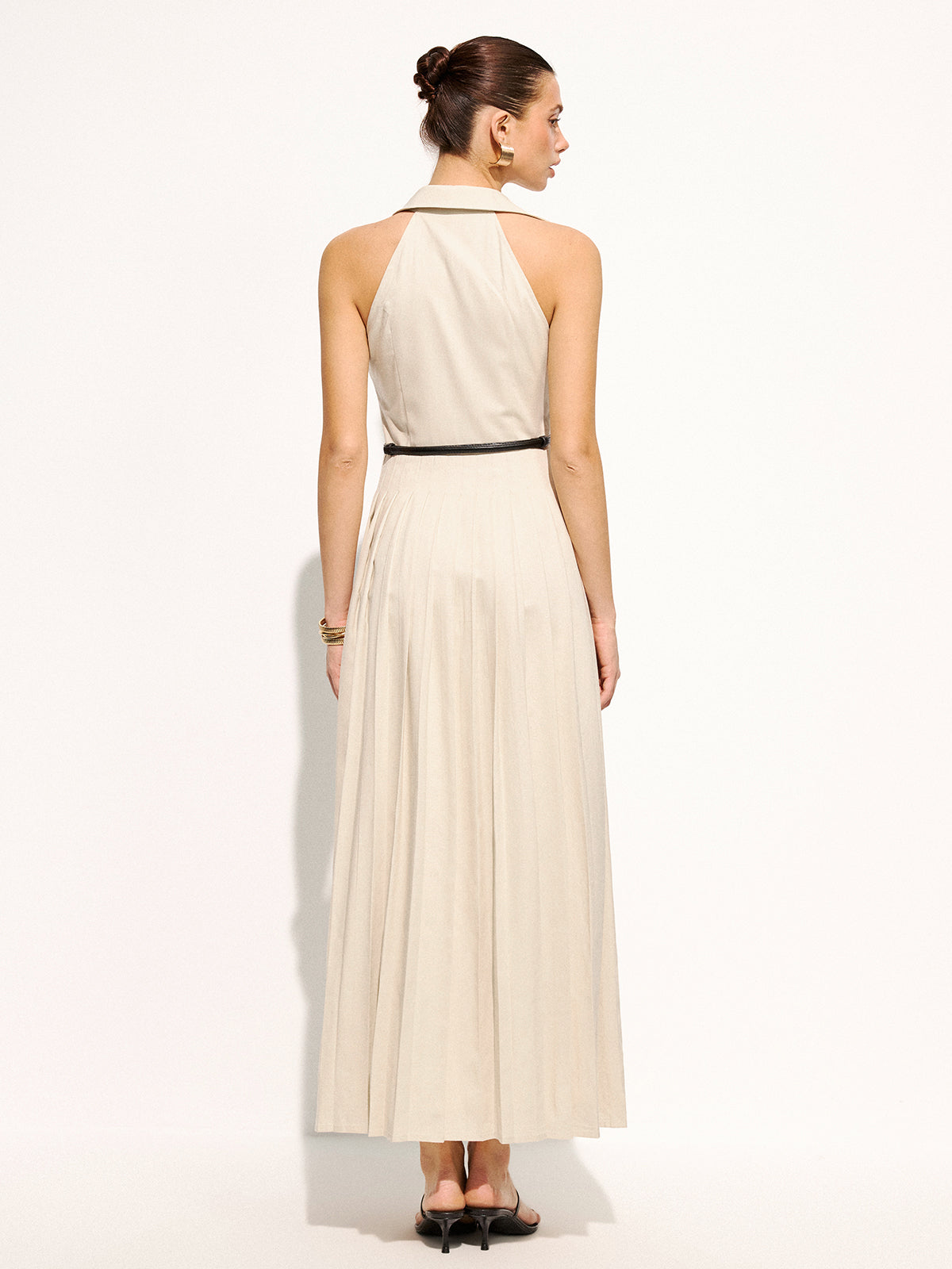 Linen Blend Belted Collared Pleated Maxi Dress