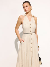 Linen Blend Belted Collared Pleated Maxi Dress