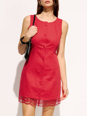 Cotton Button-Front Lace Trim Mini Dress
