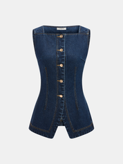 Metal Button Denim Sleeveless Vest & Shorts Set