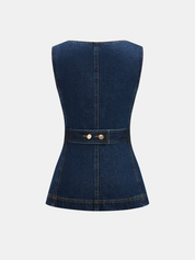 Metal Button Denim Sleeveless Vest & Shorts Set