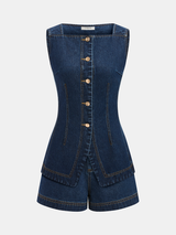 Metal Button Denim Sleeveless Vest & Shorts Set