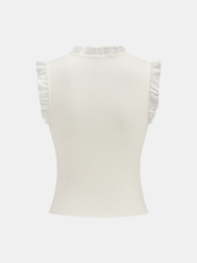 Ruffled Wool Blend Sheer Ribbed Knit Top