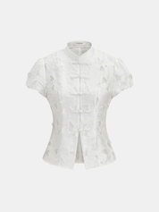Frog Button Mandarin Collar Textured Blouse