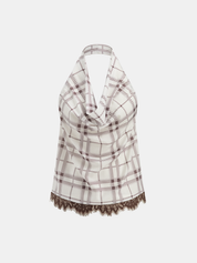 Plaid Cowl Neck Lace Trim Halter Top