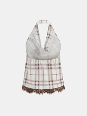 Plaid Cowl Neck Lace Trim Halter Top