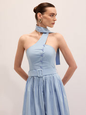 Halter Neck Cotton Blend Belted Maxi Dress