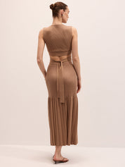Cut-Out Knit Top & Pleated Midi Skirt Set