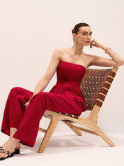 Strapless Pleated Linen Blend Top & Pants Set