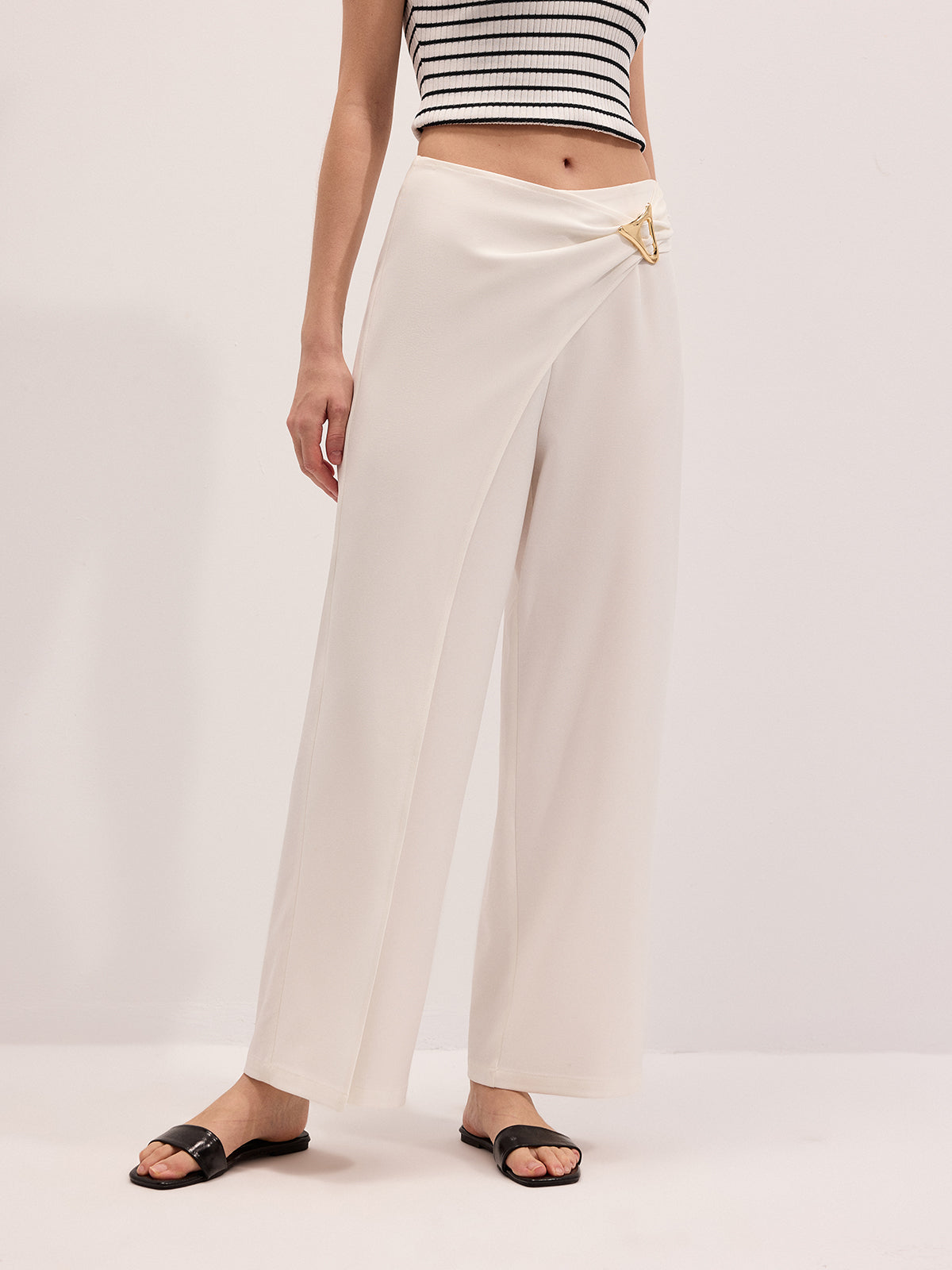 Metal Buckle Wrap Wide Leg Pants