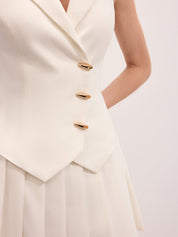 Metal Button Blazer Vest & Pleated Skirt Set
