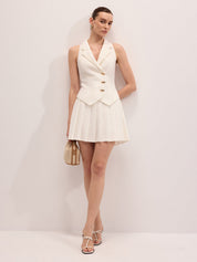 Metal Button Blazer Vest & Pleated Skirt Set