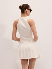 Metal Button Blazer Vest & Pleated Skirt Set
