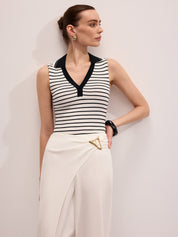Striped Collared Sleeveless Knit Top