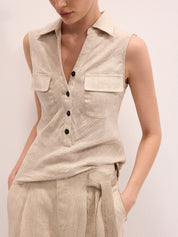 Linen Blend Sleeveless Shirt & Pants Set