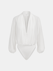 Puff Sleeve Draped Deep V-Neck Bodysuit