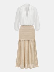 High Waist Patchwork Pleated Midi Skirt