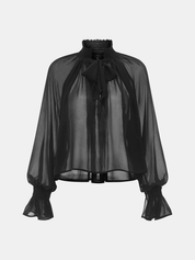 Bow Tie Smocked Sheer Flared Cuff Blouse
