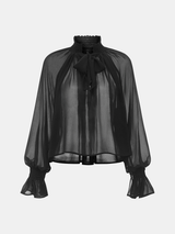 Bow Tie Smocked Sheer Flared Cuff Blouse