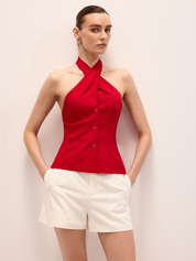 Linen Blend Crisscross Halter Top