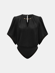 Chain Detail V-Neck Flutter Sleeve Bodysuit
