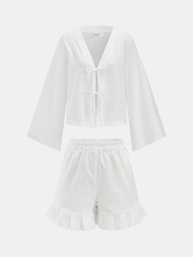 Cotton Tie-Front Blouse & Ruffled Shorts Set