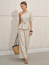 Cotton Linen One Shoulder Belted Top & Pants Set