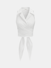 Collared Sleeveless Knotted Cropped Blouse