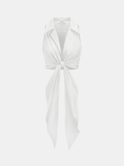 Collared Sleeveless Knotted Cropped Blouse