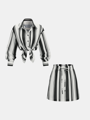 Vertical Striped Shirt & Drawstring Mini Skirt Set