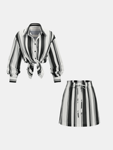 Vertical Striped Shirt & Drawstring Mini Skirt Set